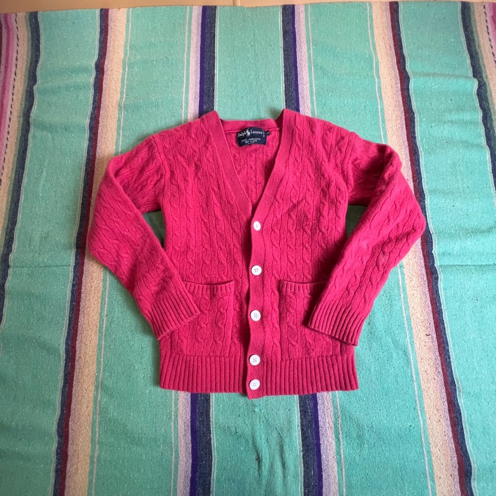 Ralph Lauren Cardigan Womens S Pink Lambswool Cable Knit V-Neck Button Front